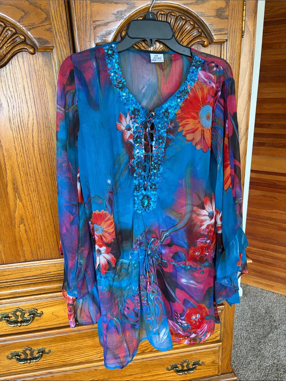 Luxe Blue Floral Beaded V-Neck Tunic
